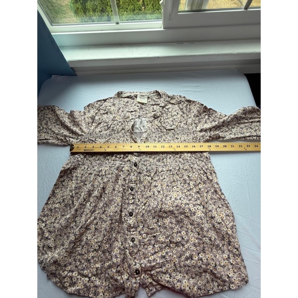 Knox Rose Purple Floral Smocked Button Front Blouse Boho Rayon Top Womens L - Picture 10 of 11